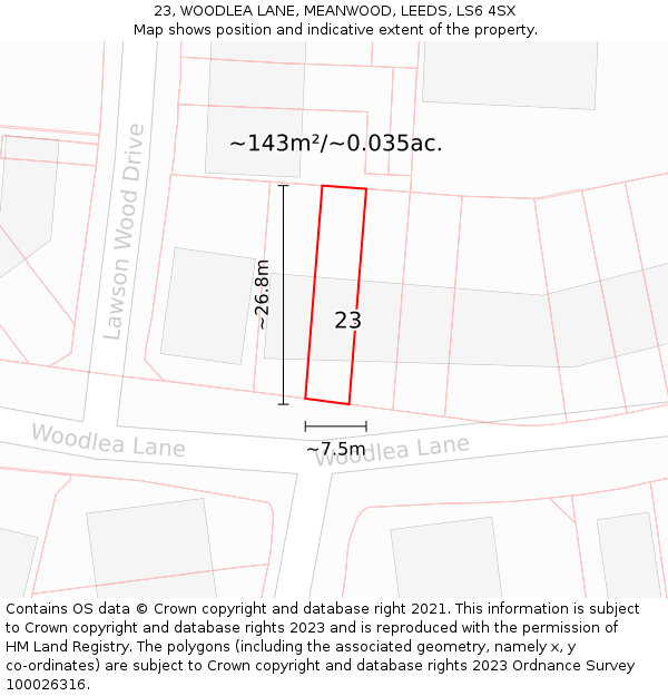 23, WOODLEA LANE, MEANWOOD, LEEDS, LS6 4SX: Plot and title map