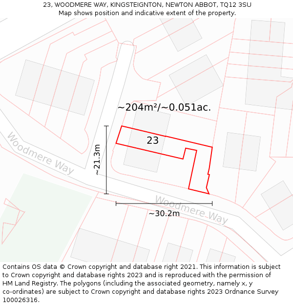 23, WOODMERE WAY, KINGSTEIGNTON, NEWTON ABBOT, TQ12 3SU: Plot and title map