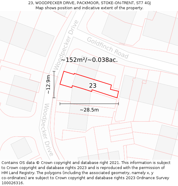 23, WOODPECKER DRIVE, PACKMOOR, STOKE-ON-TRENT, ST7 4GJ: Plot and title map