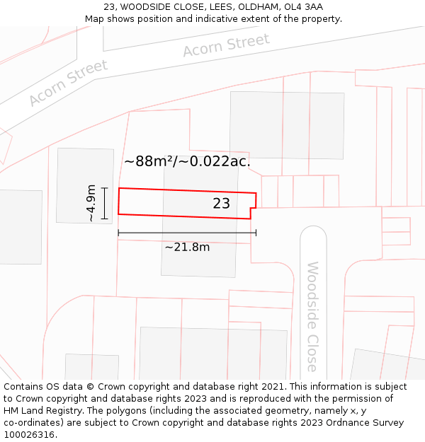 23, WOODSIDE CLOSE, LEES, OLDHAM, OL4 3AA: Plot and title map