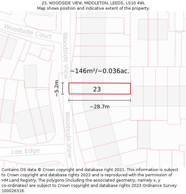 23, WOODSIDE VIEW, MIDDLETON, LEEDS, LS10 4WL: Plot and title map