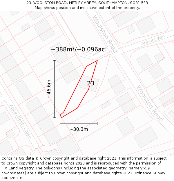 23, WOOLSTON ROAD, NETLEY ABBEY, SOUTHAMPTON, SO31 5FR: Plot and title map