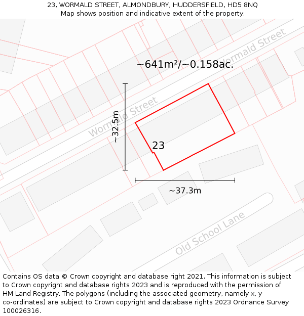 23, WORMALD STREET, ALMONDBURY, HUDDERSFIELD, HD5 8NQ: Plot and title map
