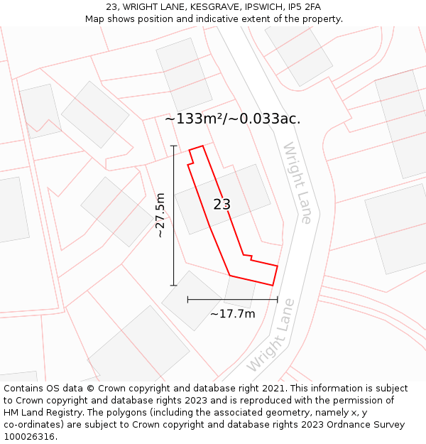 23, WRIGHT LANE, KESGRAVE, IPSWICH, IP5 2FA: Plot and title map