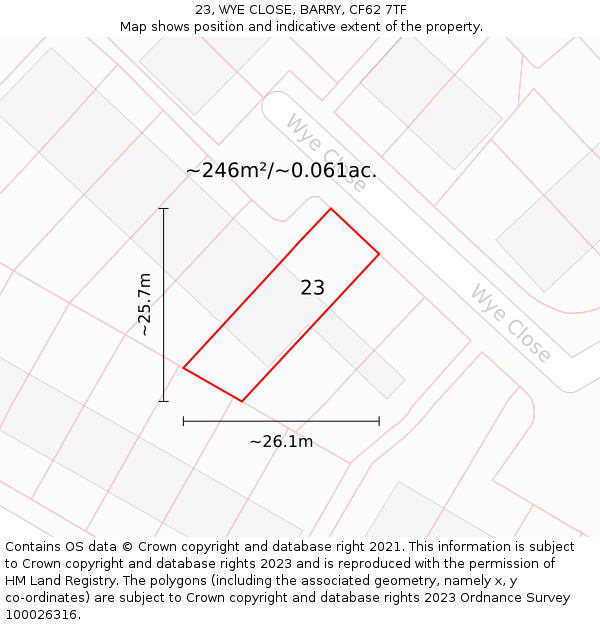 23, WYE CLOSE, BARRY, CF62 7TF: Plot and title map