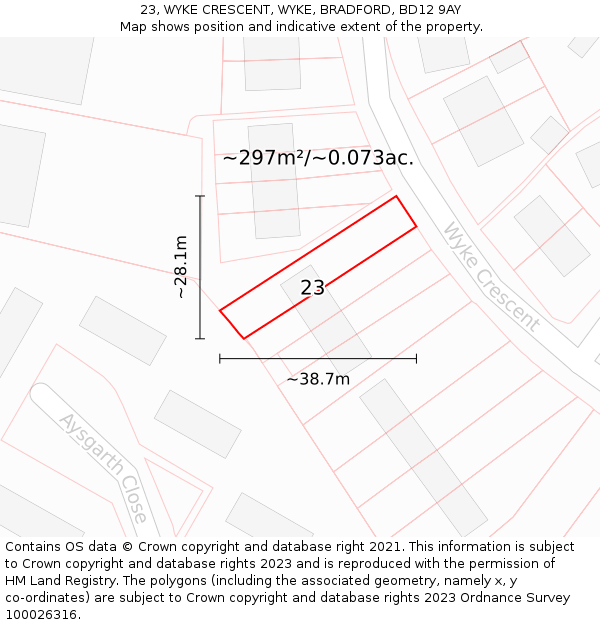 23, WYKE CRESCENT, WYKE, BRADFORD, BD12 9AY: Plot and title map