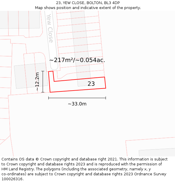 23, YEW CLOSE, BOLTON, BL3 4DP: Plot and title map