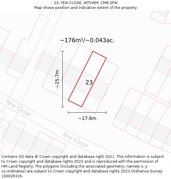 23, YEW CLOSE, WITHAM, CM8 2PW: Plot and title map