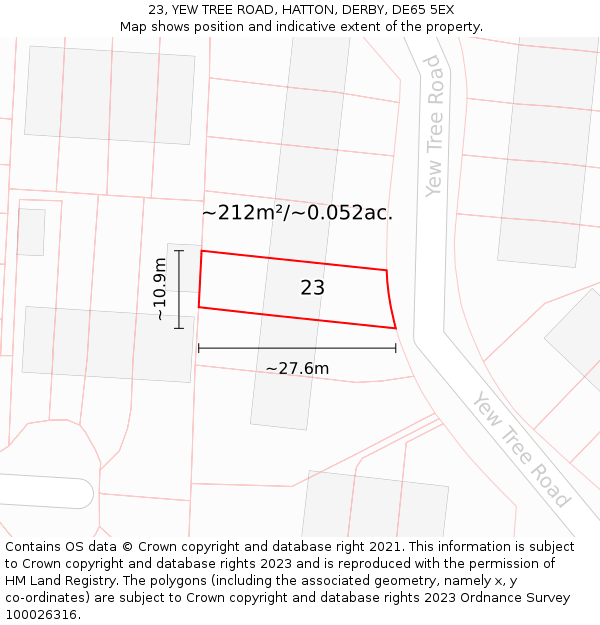 23, YEW TREE ROAD, HATTON, DERBY, DE65 5EX: Plot and title map