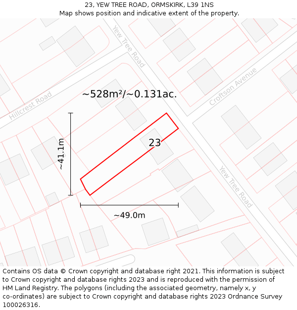 23, YEW TREE ROAD, ORMSKIRK, L39 1NS: Plot and title map