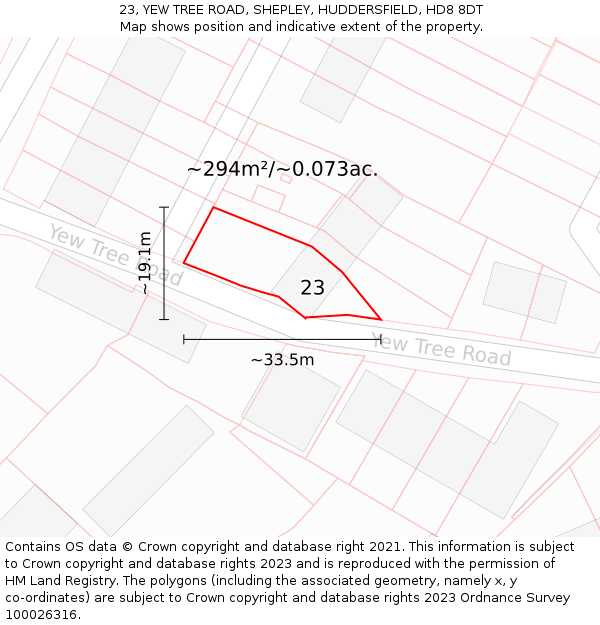 23, YEW TREE ROAD, SHEPLEY, HUDDERSFIELD, HD8 8DT: Plot and title map