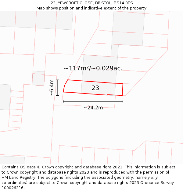 23, YEWCROFT CLOSE, BRISTOL, BS14 0ES: Plot and title map