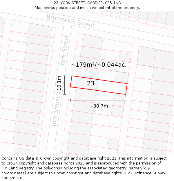 23, YORK STREET, CARDIFF, CF5 1ND: Plot and title map