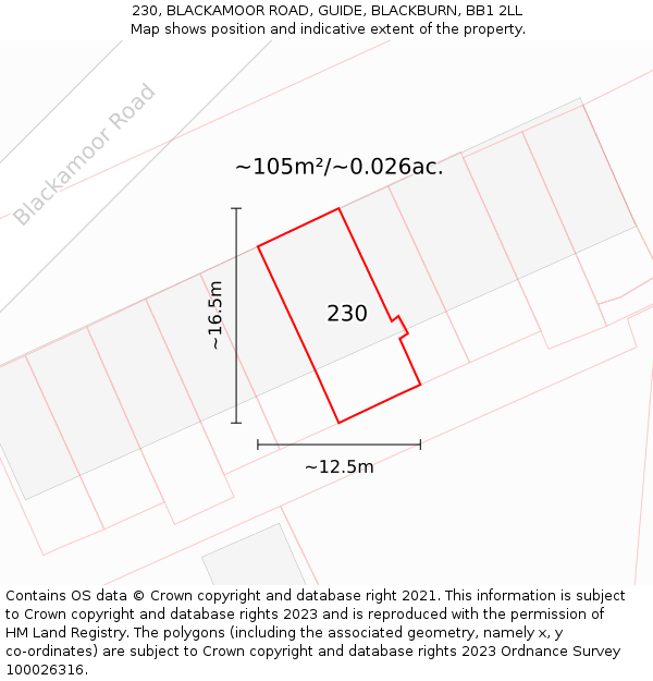 230, BLACKAMOOR ROAD, GUIDE, BLACKBURN, BB1 2LL: Plot and title map