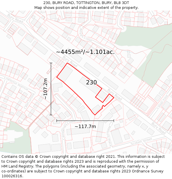 230, BURY ROAD, TOTTINGTON, BURY, BL8 3DT: Plot and title map