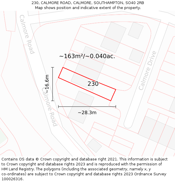 230, CALMORE ROAD, CALMORE, SOUTHAMPTON, SO40 2RB: Plot and title map
