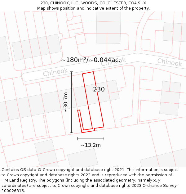 230, CHINOOK, HIGHWOODS, COLCHESTER, CO4 9UX: Plot and title map