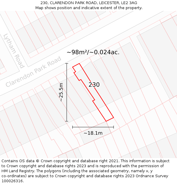 230, CLARENDON PARK ROAD, LEICESTER, LE2 3AG: Plot and title map