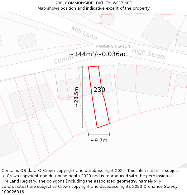 230, COMMONSIDE, BATLEY, WF17 6EB: Plot and title map