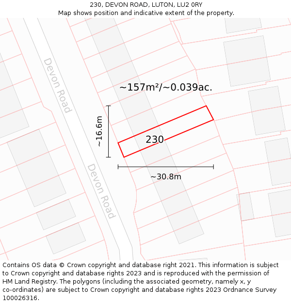 230, DEVON ROAD, LUTON, LU2 0RY: Plot and title map