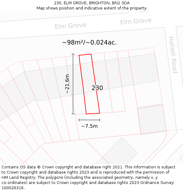 230, ELM GROVE, BRIGHTON, BN2 3DA: Plot and title map