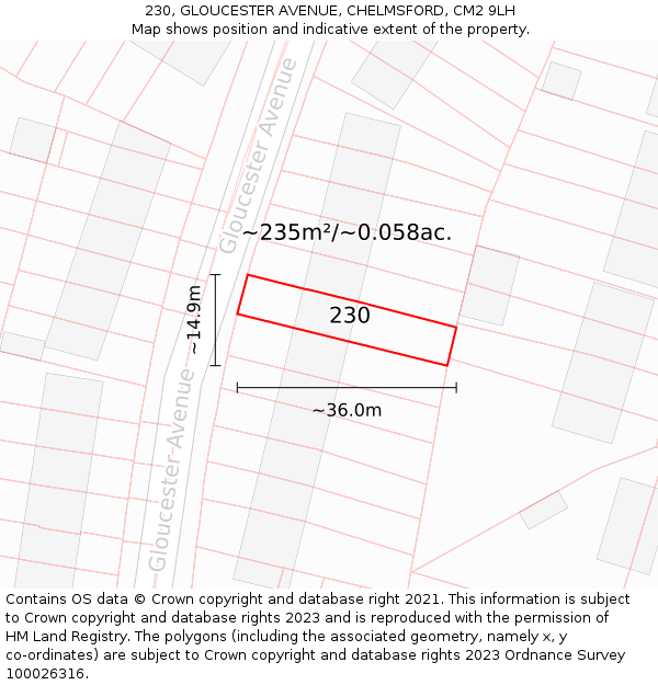 230, GLOUCESTER AVENUE, CHELMSFORD, CM2 9LH: Plot and title map