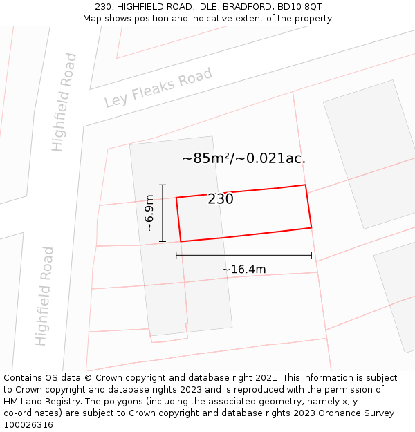 230, HIGHFIELD ROAD, IDLE, BRADFORD, BD10 8QT: Plot and title map