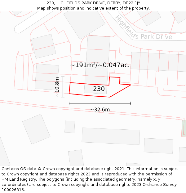 230, HIGHFIELDS PARK DRIVE, DERBY, DE22 1JY: Plot and title map