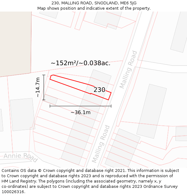 230, MALLING ROAD, SNODLAND, ME6 5JG: Plot and title map
