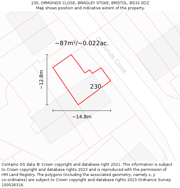 230, ORMONDS CLOSE, BRADLEY STOKE, BRISTOL, BS32 0DZ: Plot and title map