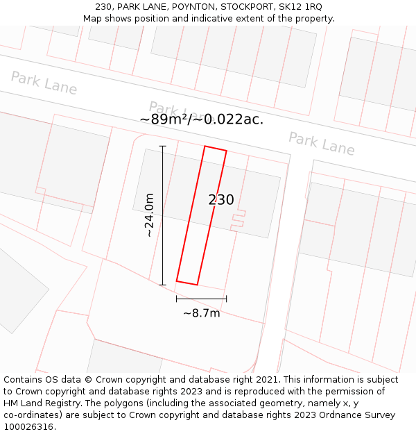 230, PARK LANE, POYNTON, STOCKPORT, SK12 1RQ: Plot and title map