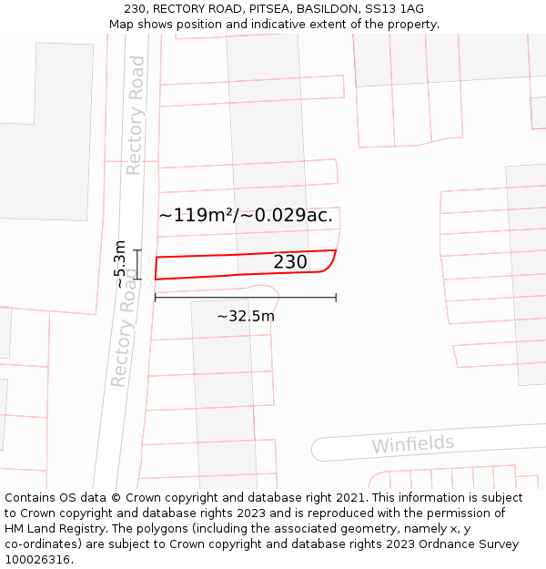 230, RECTORY ROAD, PITSEA, BASILDON, SS13 1AG: Plot and title map
