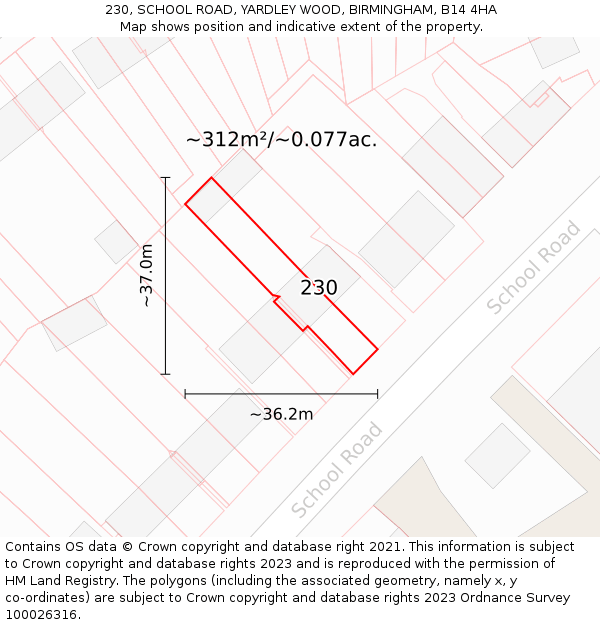 230, SCHOOL ROAD, YARDLEY WOOD, BIRMINGHAM, B14 4HA: Plot and title map