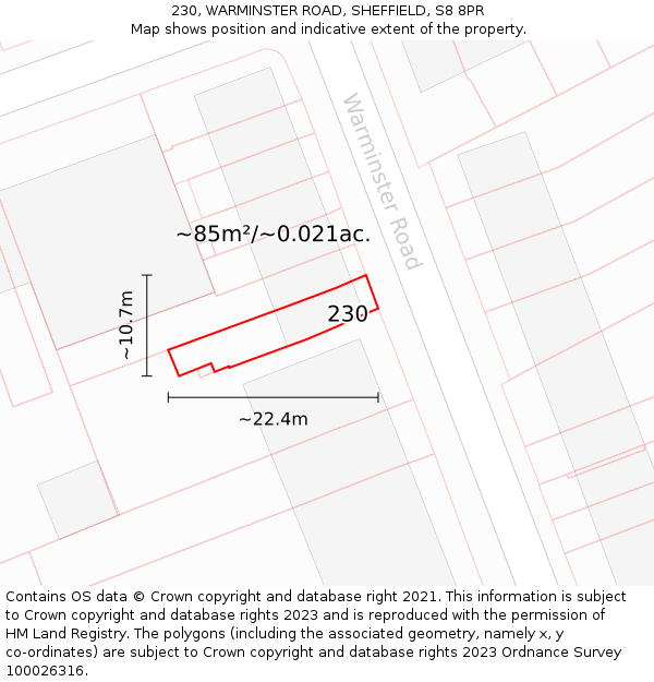 230, WARMINSTER ROAD, SHEFFIELD, S8 8PR: Plot and title map