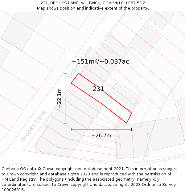 231, BROOKS LANE, WHITWICK, COALVILLE, LE67 5DZ: Plot and title map