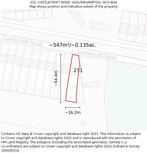 231, CASTLECROFT ROAD, WOLVERHAMPTON, WV3 8NA: Plot and title map
