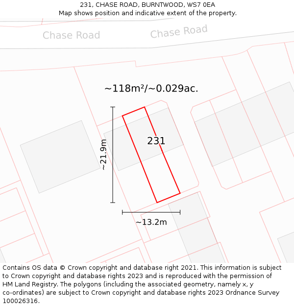 231, CHASE ROAD, BURNTWOOD, WS7 0EA: Plot and title map