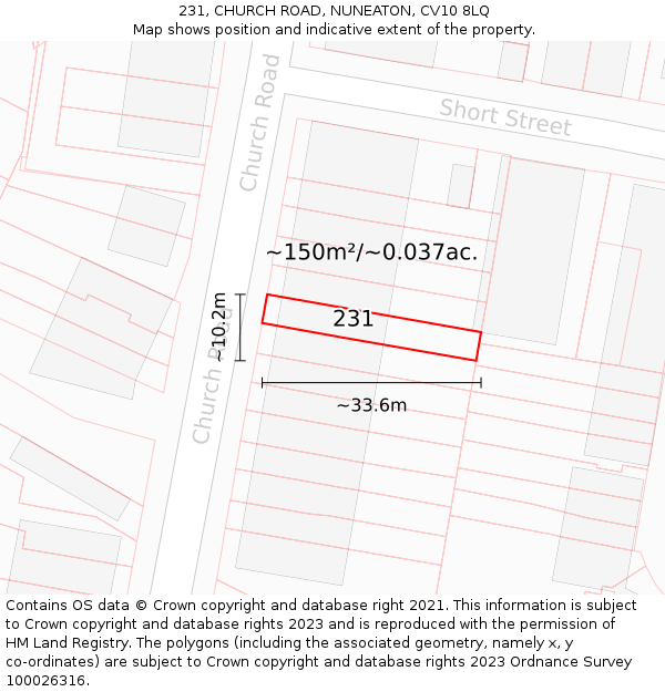 231, CHURCH ROAD, NUNEATON, CV10 8LQ: Plot and title map