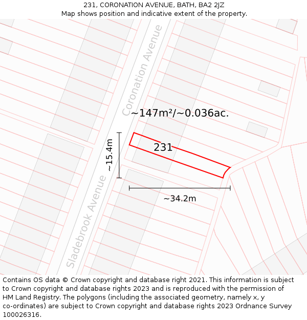 231, CORONATION AVENUE, BATH, BA2 2JZ: Plot and title map