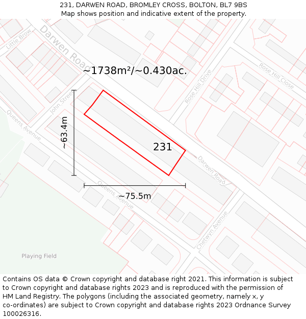 231, DARWEN ROAD, BROMLEY CROSS, BOLTON, BL7 9BS: Plot and title map
