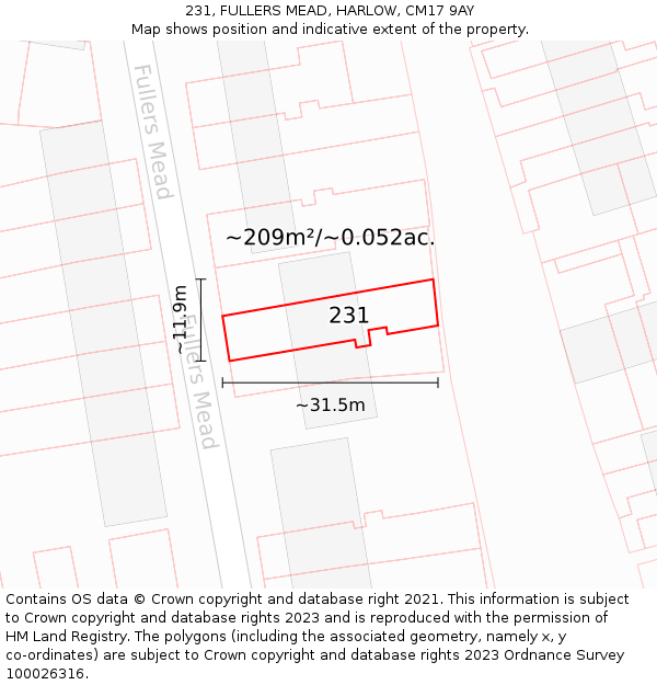 231, FULLERS MEAD, HARLOW, CM17 9AY: Plot and title map