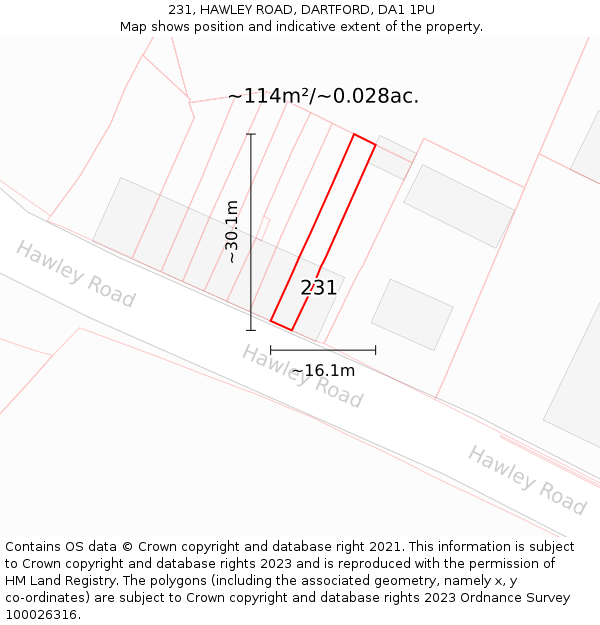 231, HAWLEY ROAD, DARTFORD, DA1 1PU: Plot and title map
