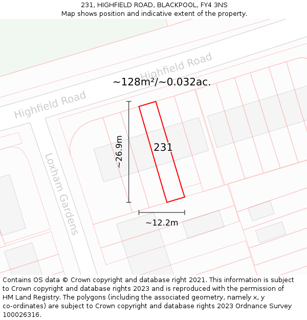 231, HIGHFIELD ROAD, BLACKPOOL, FY4 3NS: Plot and title map