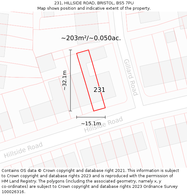 231, HILLSIDE ROAD, BRISTOL, BS5 7PU: Plot and title map