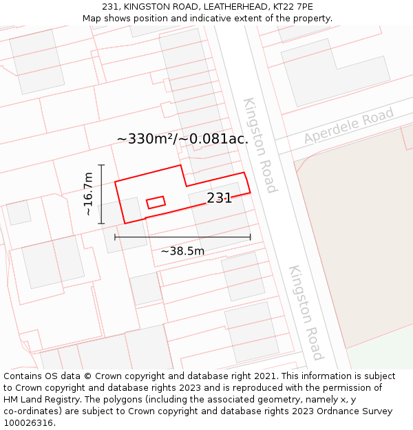 231, KINGSTON ROAD, LEATHERHEAD, KT22 7PE: Plot and title map