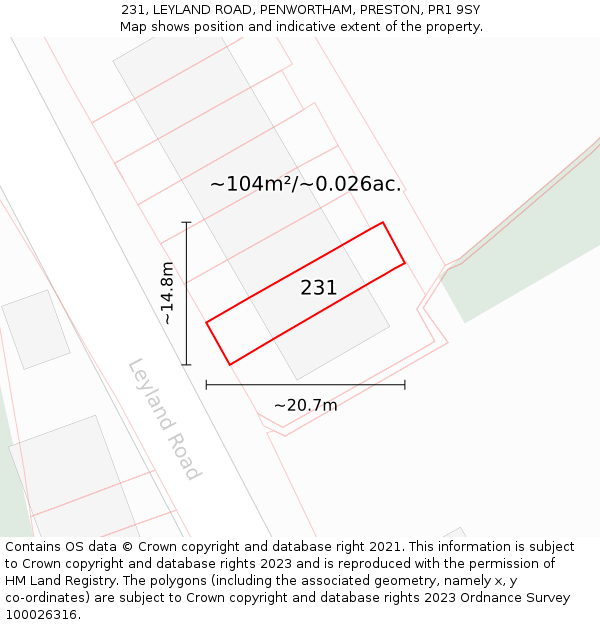 231, LEYLAND ROAD, PENWORTHAM, PRESTON, PR1 9SY: Plot and title map