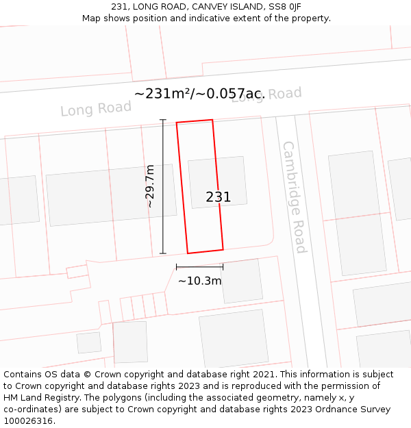231, LONG ROAD, CANVEY ISLAND, SS8 0JF: Plot and title map