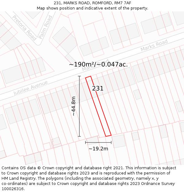 231, MARKS ROAD, ROMFORD, RM7 7AF: Plot and title map