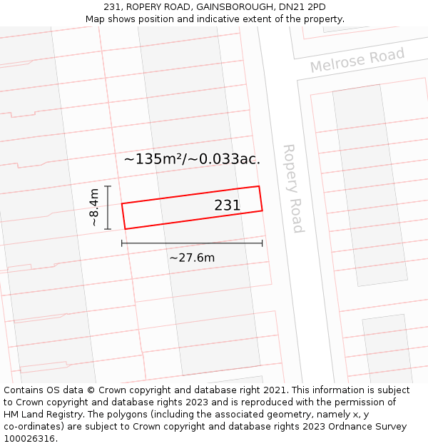 231, ROPERY ROAD, GAINSBOROUGH, DN21 2PD: Plot and title map
