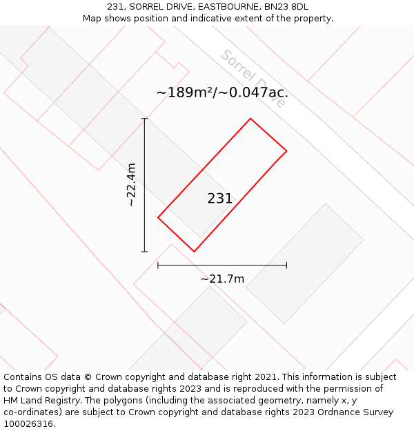 231, SORREL DRIVE, EASTBOURNE, BN23 8DL: Plot and title map